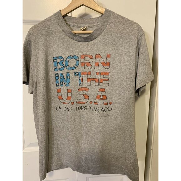 Vtg 80s BORN IN THE USA shoebox t shirt LARGE single stitch Screen Stars Gray - Picture 5 of 7